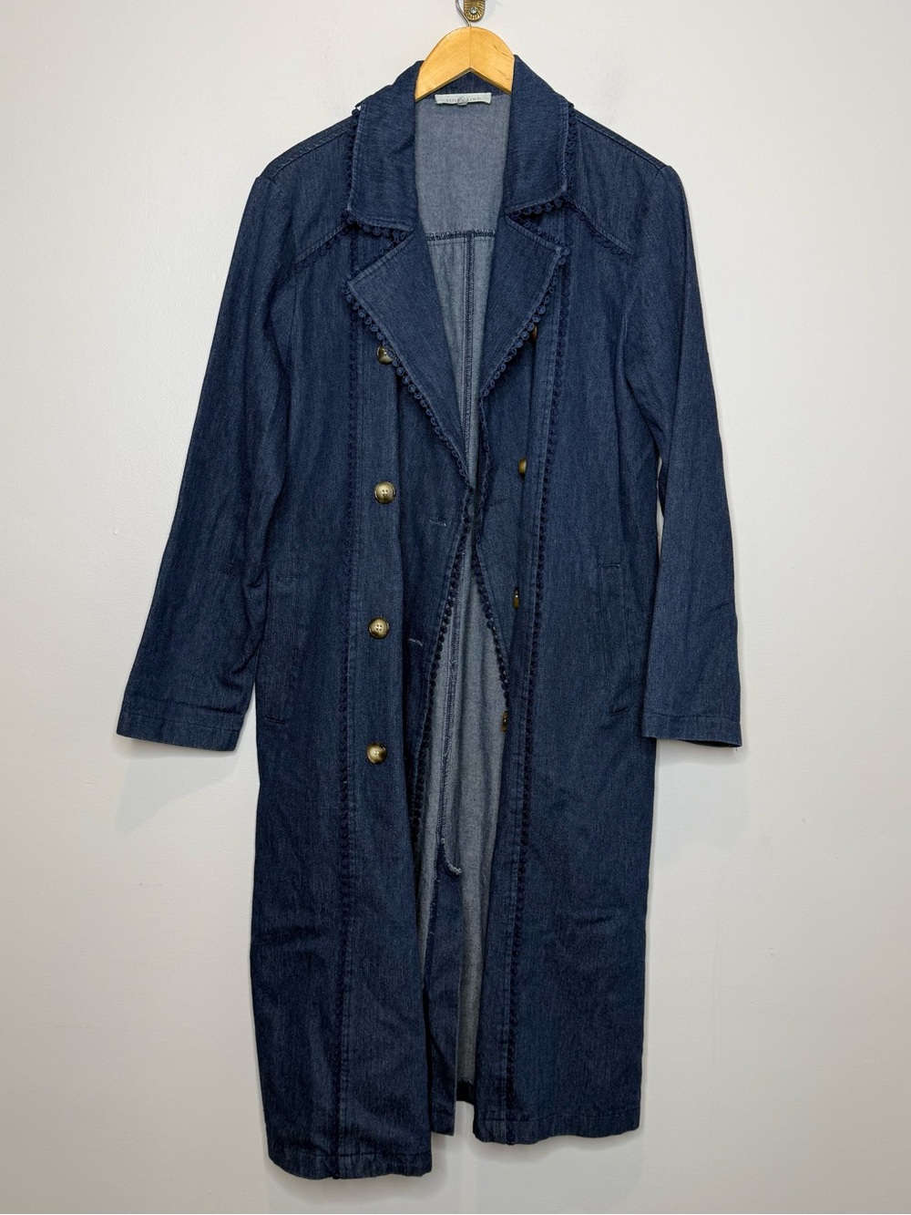 Solitaire Oversized Blue Denim Trench Coat with Lace Trim